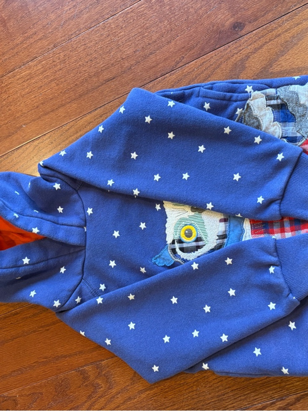 Mini Boden Blue Stars Hoodie with Red Lined Hood and Owl Appliqué - Picture 6 of 7